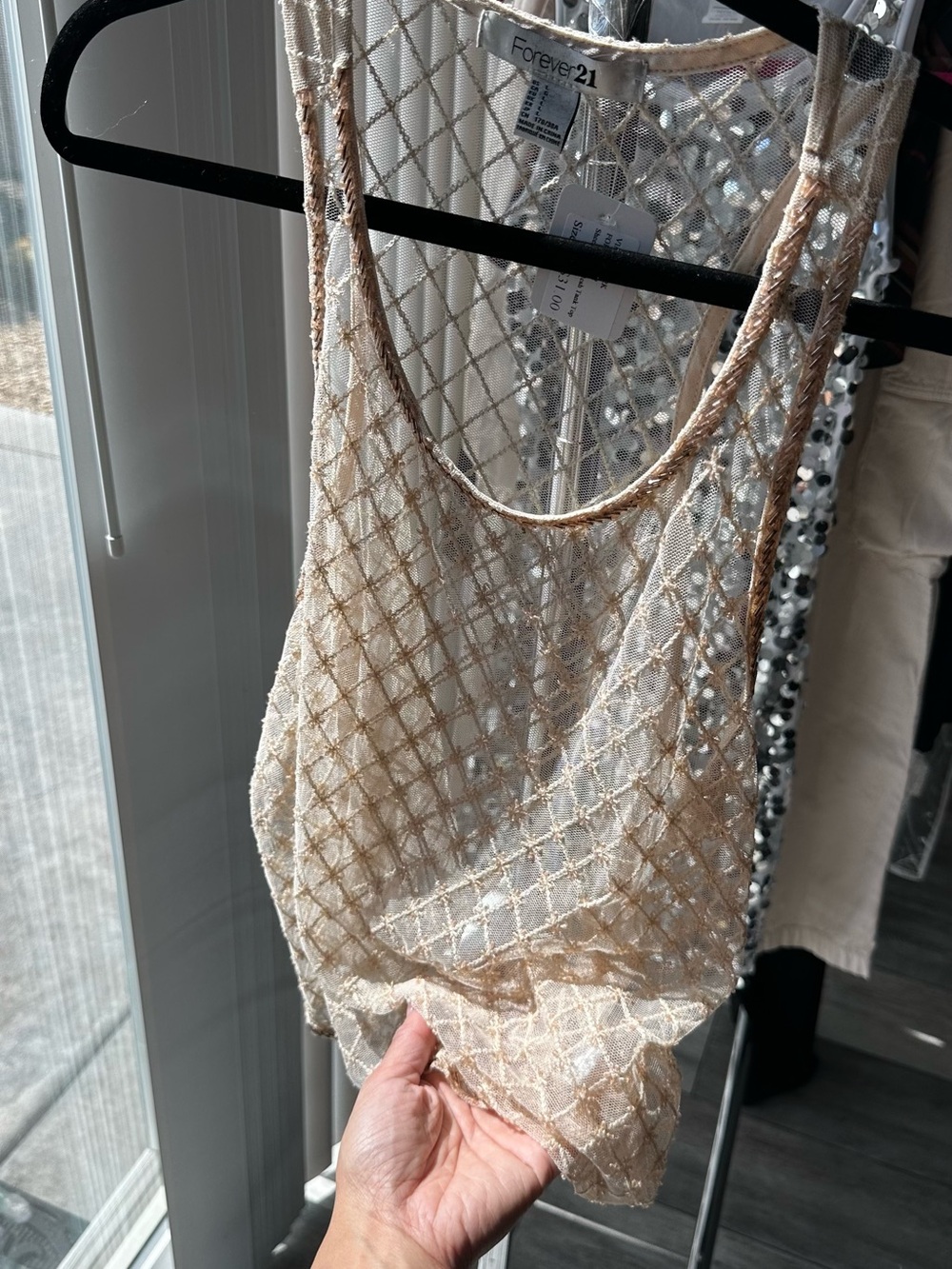 Forever 21 Beige Cream Sequin Mesh Tank Top Party Cocktail Size-M